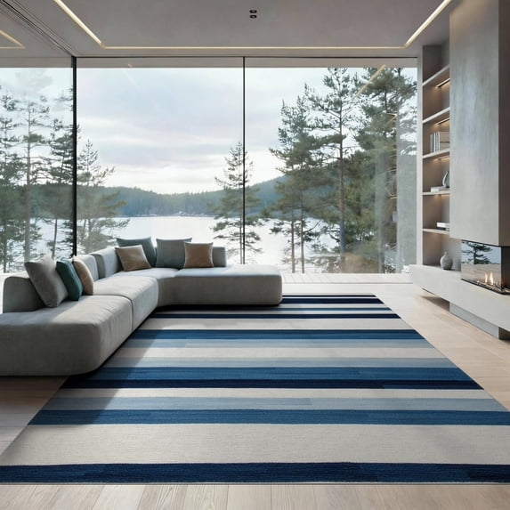 ODIKA 9'x12' Washable Area Rug Striped Gradient Bands Powder Transitions Scandinavian Stripes for Great Room, Indoor Concept, Large Living Low Pile, Flatwoven
