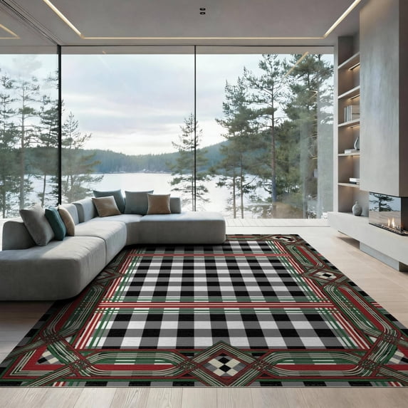 ODIKA 9'x12' Washable Area Rug Striped Vintage Farmhouse Border Layering Under Doormat Plaid Playful Expressive for Dining Room, Basement, Large Office, Non-Slip Chair-Friendly