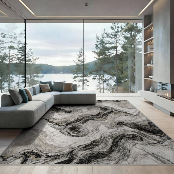 ODIKA 9'x12' Washable Area Rug Swirl Veined Flow Streaks Symmetrical Motif Vein Border Abstract Flowing Dynamic for Dining Room, Basement, Large Office, Non-Slip Chair-Friendly