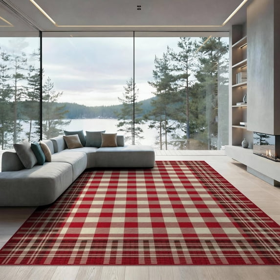ODIKA 9'x12' Washable Area Rug Tartan Layered Mini Grid Borders Border Welcome Lettering Plaid Flowing Dynamic for Great Room, Indoor Concept, Large Living Low Pile, Flatwoven