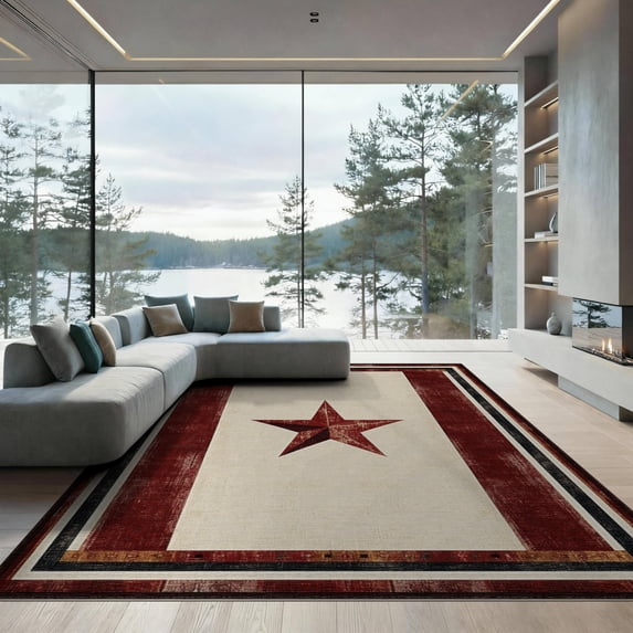 ODIKA 9'x12' Washable Area Rug Texas Star Farmhouse Cowboy Emblem With Rustic Banded Border for Great Room, Indoor Concept, Large Living Low Pile, Flatwoven