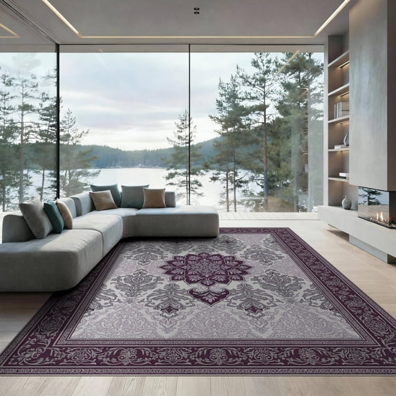 ODIKA 9'x12' Washable Area Rug Traditional Patterned Framework Showcasing Elegant Wisteria Themes for Great Room, Indoor Concept, Large Living Low Pile, Flatwoven