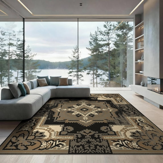 ODIKA 9'x12' Washable Area Rug Transitional Distressed Brushstroke Interlocking Geometric Abstract Flowing for Dining Room, Basement, Large Office, Non-Slip Chair-Friendly