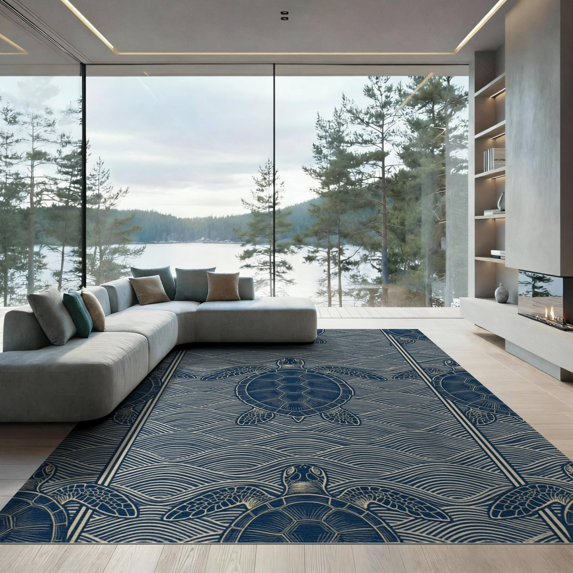 ODIKA 9'x12' Washable Area Rug Turtle Ocean Interlocking Wave Nautical Symmetrical Geometric for Great Room, Indoor Concept, Large Living Low Pile, Flatwoven