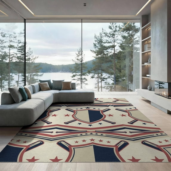 ODIKA 9'x12' Washable Area Rug Vintage Athletic Crest With Striped Banner Border Baseball Field Sport Playful for Great Room, Indoor Concept, Large Living Low Pile, Flatwoven
