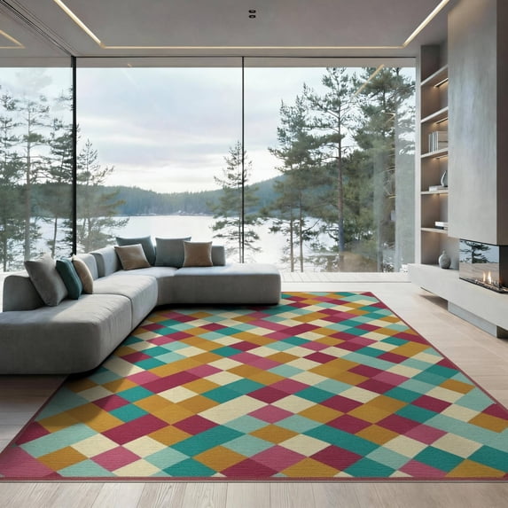 ODIKA 9'x12' Washable Area Rug Whimsical Geometric Checkerboard Hippie Motif Funky Maximalist for Great Room, Indoor Concept, Large Living Low Pile, Flatwoven