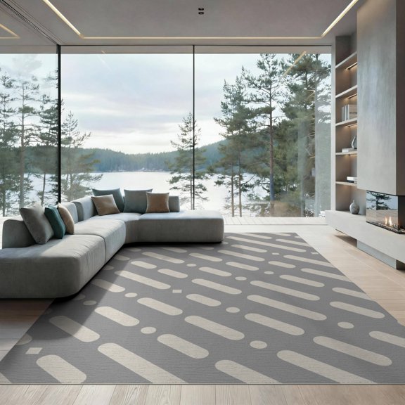 ODIKA 9'x12' White Grey Geometric Stripe Design Washable Area Rug Modern Diagonal Pattern with Minimalist Touch for Great Room, Indoor Concept, Large Living Low Pile, Flatwoven