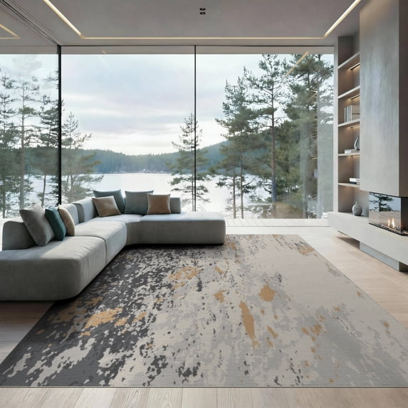 ODIKA 9'x12' Yellow Gray Granite Abstract Design Washable Area Rug Inspired Modern Pattern Non-Slip, Chair-Friendly for Dining Room, Basement, Large Office