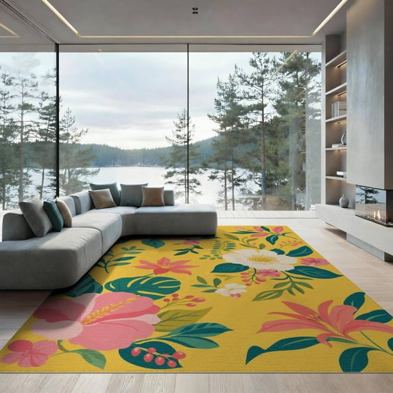 ODIKA 9'x12' Yellow Vibrant Floral Elegance Decorative Washable Area Rug Lush Botanical Patterns with Summer Blossoms for Great Room, Indoor Concept, Large Living Low Pile, Flatwoven