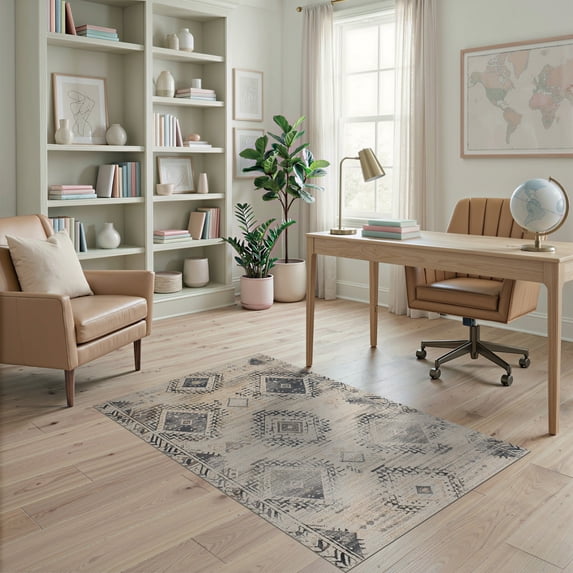 ODIKA 4'x6' Washable Area Rug Pet Friendly, Non-Shedding Abstract Boho Distressed Inspired Vintage Faded Interlocking for Bedroom, Reading Nook