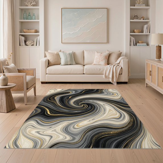 ODIKA Abstract Contemporary Grey Flowing Ribbons Blended Tones Crisp for Guest Room, Lounge, Apartment, Non-Slip Low Profile