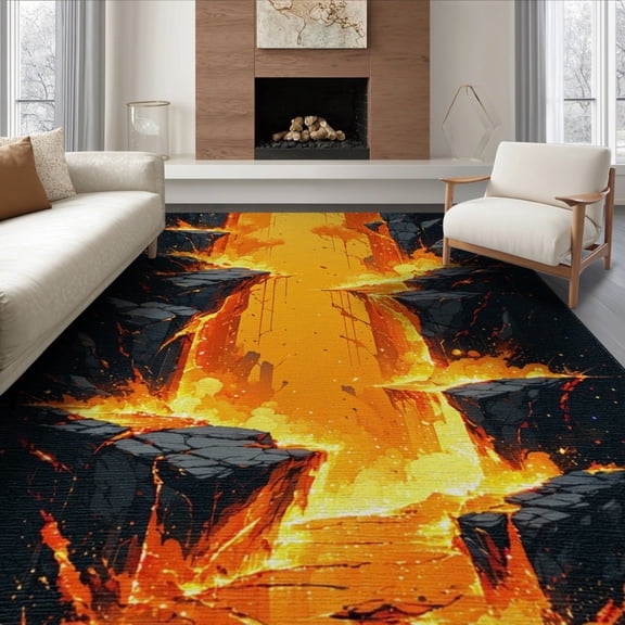 ODIKA Abstract Flame Volcano With Cracked Molten Pools And Vortex Core for Living Room, Under Sectional, Family , Non-Slip Flatwoven