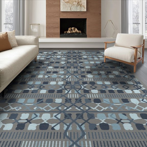 ODIKA Abstract Layout Lattice Frame Grey Interlocking Grid Geometric Flowing Dynamic for Living Room, Under Sectional, Family , Non-Slip Flatwoven