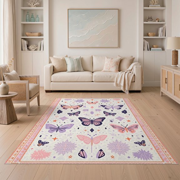 ODIKA Abstract Purple Butterfly Moth Preppy Checker Study Playroom for Small Living Room, Bedroom, Easy Care Kids Safe