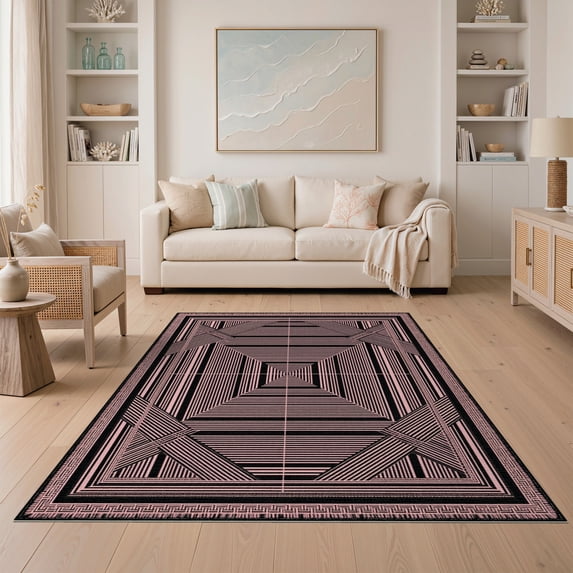 ODIKA Abstract Stripe With Interlocking Square Accents Geometric Minimalist Refined for Dining Room, Under Table, Home Office, Non-Slip Chair-Friendly