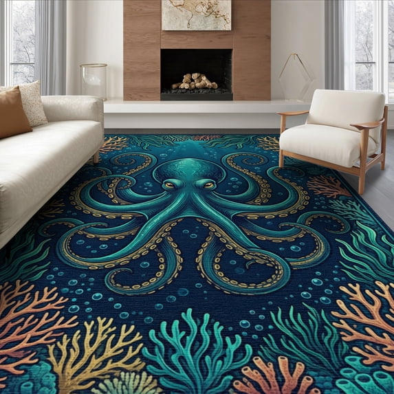 ODIKA Animals Deep Underwater Nautical Coral Border Tentacle Navy Octopus Refined Non-Slip Chair-Friendly for Dining Room, Large Office, Lounge