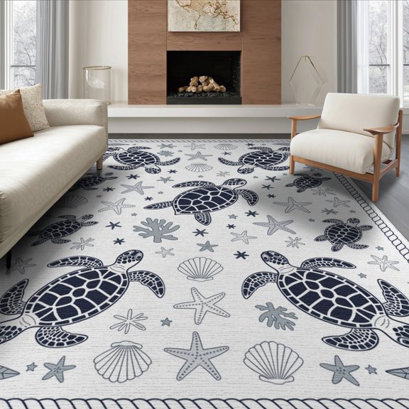 ODIKA Animals Turtle Nautical Ocean Motifs Border Motif Scattered Symmetrical Foldable Easy Care for Queen Size Bedroom, Under Bed, Master Suite