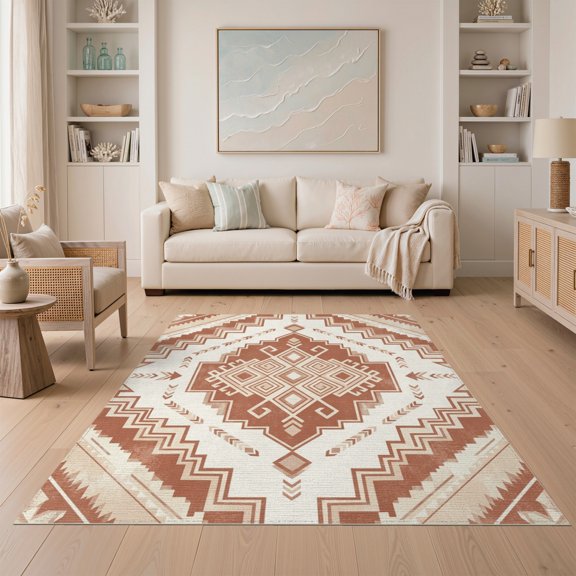 ODIKA Aztec Symmetrical Tapete Interlocking Shapes Decorative Boho for Dining Room, Under Table, Home Office, Non-Slip Chair-Friendly