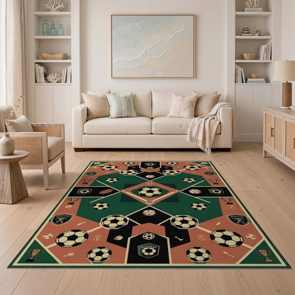 ODIKA Baseball Soccer Split Design With Sport Emblems And Tournament Grid Non-Slip Low Profile for Guest Room, Lounge, Apartment
