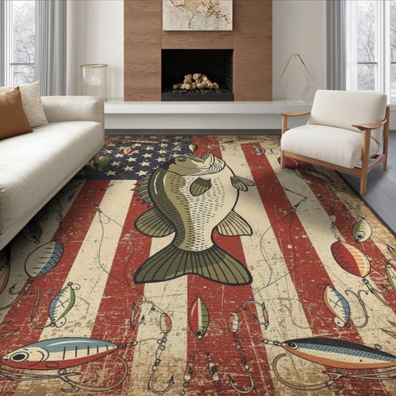 ODIKA Bass Fish Fishing Lure Motifs Stars Stripes Border Motif Vintage Flowing Dynamic for Dining Room, Large Office, Lounge, Non-Slip Chair-Friendly