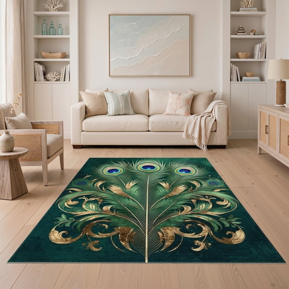 ODIKA Bathroom Classical Plume Scroll Vintage Watercolor Border Ornamental Easy Care Kids Safe for Small Living Room, Playroom, Bedroom