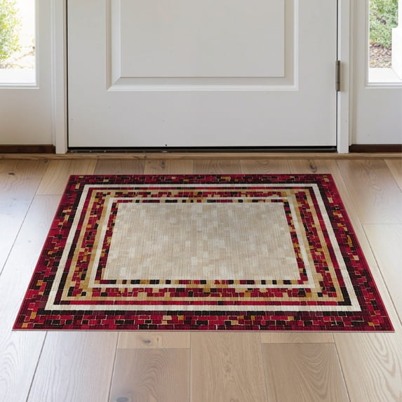 ODIKA Bathroom Interlocking Way Mosaic Bordered Geometric Stairs Hallway for Entryway, Kitchen, Laundry Room, Stain Resistant Thin Throw