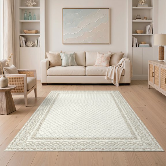 ODIKA Beige Boho Neutral Geometric Border Frame Delicate Repeating Non-Slip Low Profile for Guest Room, Lounge, Apartment