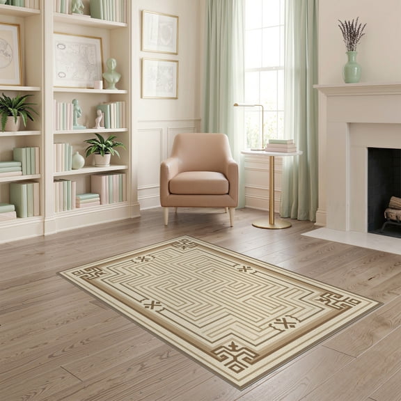 ODIKA Beige Boho Neutral Geometric Featuring Traditional Border Bands for Playroom, Bedroom, Reading Nook, Pet Friendly & Kids Safe Play