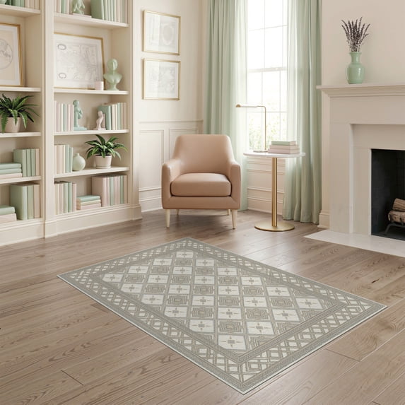 ODIKA Beige Boho Symmetrical Border Cream Washed Decorative Neutral for Playroom, Bedroom, Reading Nook, Pet Friendly & Kids Safe Play