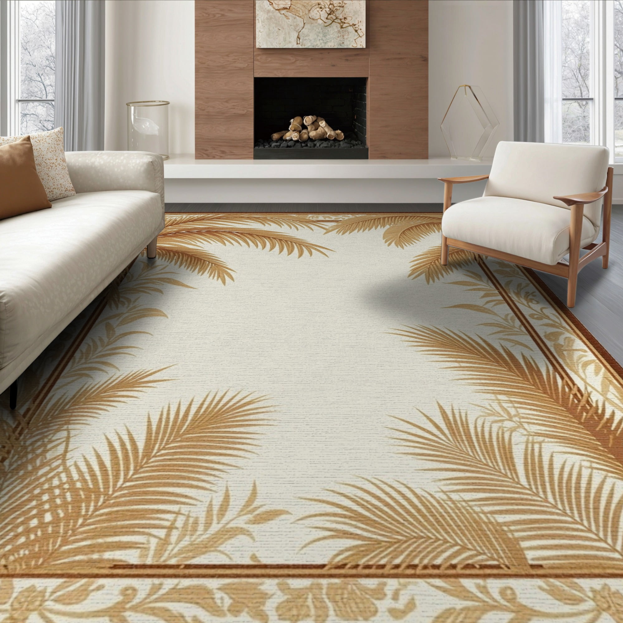 ODIKA Beige Cream Frond Botanical Damask Ornamental Frame Rectangular ...