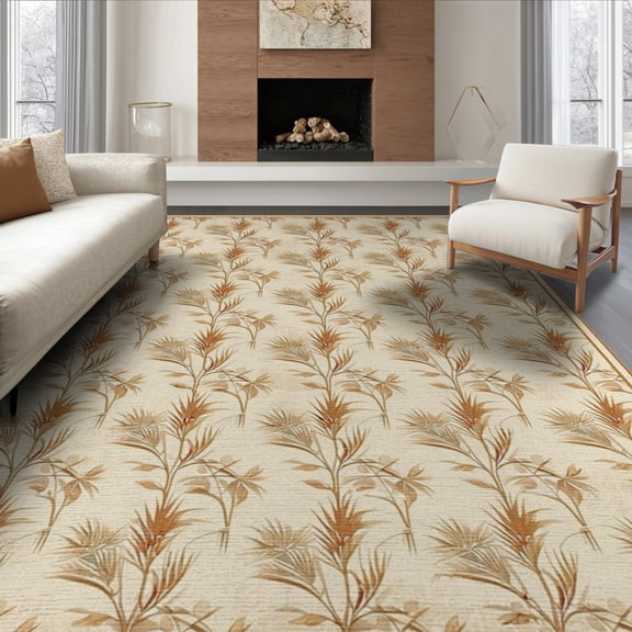 ODIKA Beige Cream Frond Botanical Trellis Panel Layout Rectangular for Dining Room, Under Table, Office, Non-Slip Chair-Friendly Floor