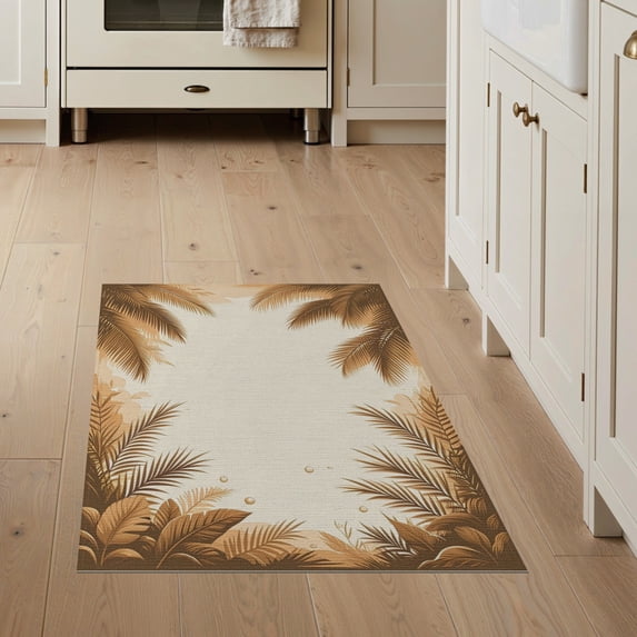 ODIKA Beige Cream Frond Symmetrical Botanical Rectangular Fronds Large for Entryway, Kitchen, Mudroom, Stain Resistant Flatwoven