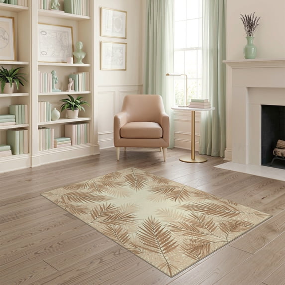 ODIKA Beige Cream Leafy Decorative Balanced Rectangular Fronds Large for Playroom, Bedroom, Reading Nook, Pet Friendly & Kids Safe Play