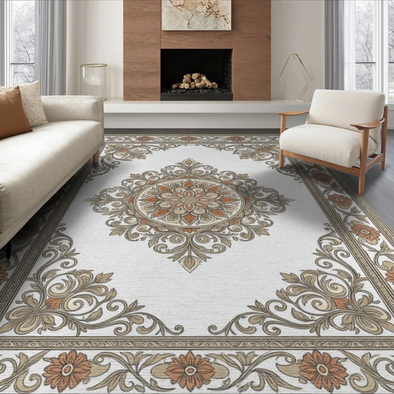 ODIKA Beige Detailing Symmetrical Scrolling Vines Faded Rugsbeige Non-Slip Chair-Friendly for Dining Room, Large Office, Lounge