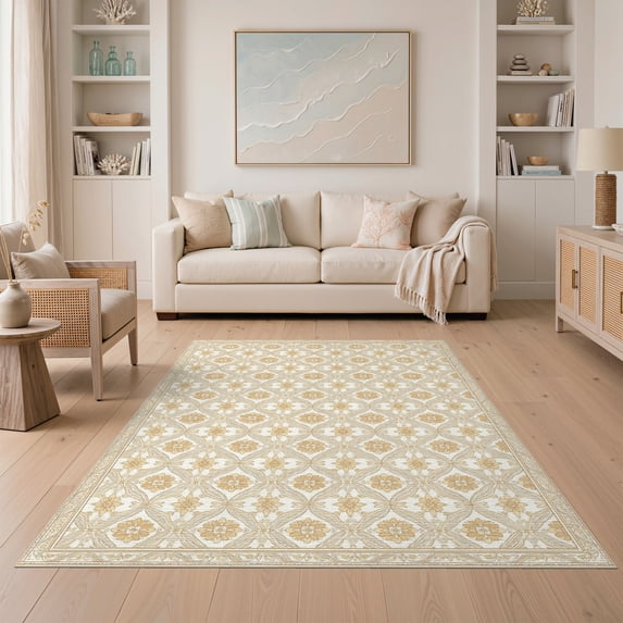 ODIKA 5'x7' Washable Area Rug Non-Slip, Low Pile, Stain Resistant Beige Faded Arrangement Decorative Border Pile Boho Neutral for Guest Room, Lounge, Apartment