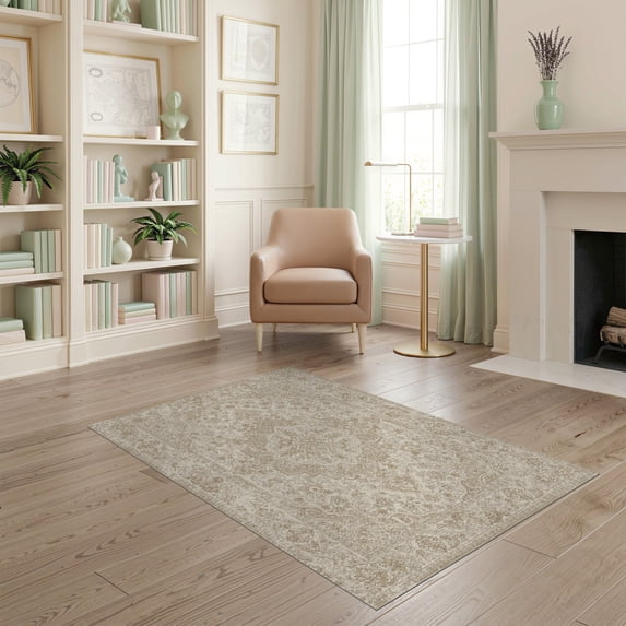 ODIKA Beige Faded Neutral Symmetrical Retro Worn Pile Vintage Extra for Dorm Room, Small Living Apartment, Stain Resistant Low Profile