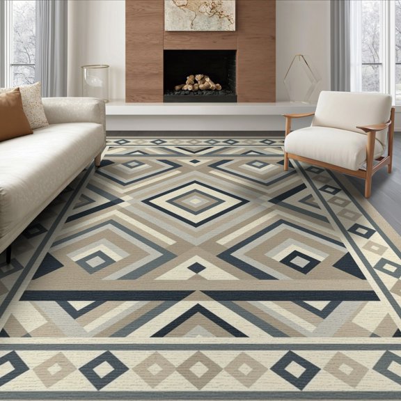 ODIKA Beige Interlocking Busy Shapes Neutral Tones Geometric Print for Dining Room, Large Office, Lounge, Non-Slip Chair-Friendly