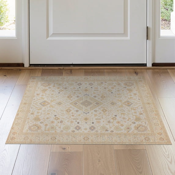 ODIKA Beige Loves Rectangular Interlocking Motifs Neutral Ivory Shaped for Entryway, Kitchen, Laundry Room, Stain Resistant Thin Throw