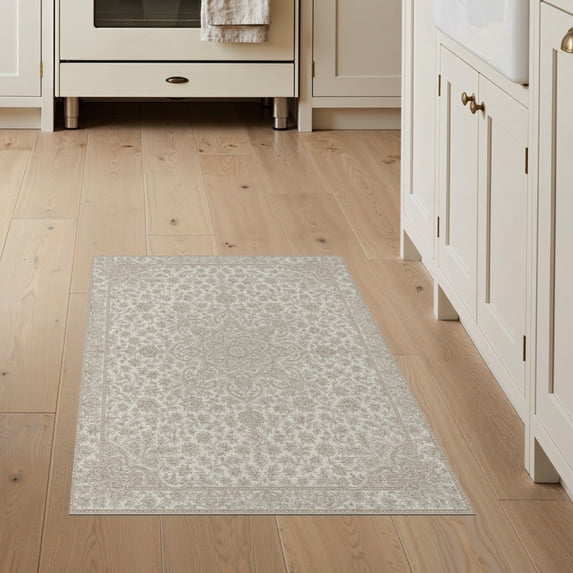 ODIKA Beige Neutral Vintage Faded Tracery Ornamental Border Dining for Bedroom, Bedside, Nursery, Pet Friendly & Kids Safe