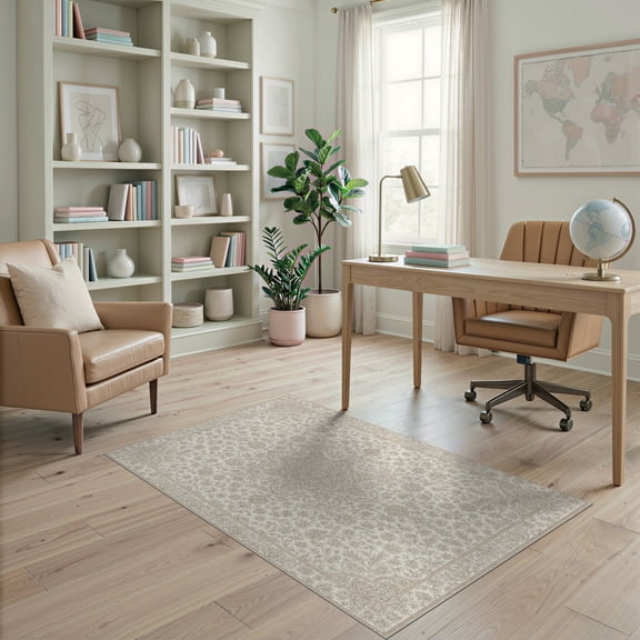ODIKA Beige Neutral Vintage Faded Tracery Ornamental Border Dining for Home Office, Gaming Room, Under Desk, Non-Slip Chair-Friendly