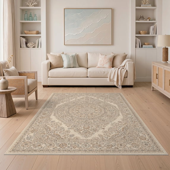 ODIKA Beige Pink Boho Concentric Delicate Motifs Neutral Tone Oatmeal Non-Slip Low Profile for Guest Room, Lounge, Apartment