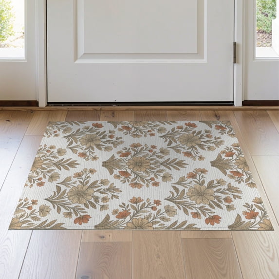 ODIKA Beige Scattered Leafy Sprigs Asymmetric Pile Playroom Imitation for Entryway, Kitchen, Laundry Room, Stain Resistant Thin Throw