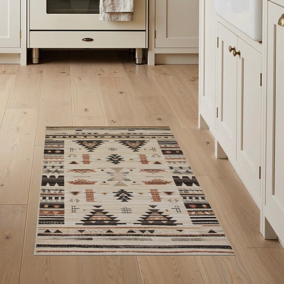 ODIKA Beige Spotted Cow Striped Boho Southwestern Distressed Border for Entryway, Kitchen, Mudroom, Stain Resistant Flatwoven