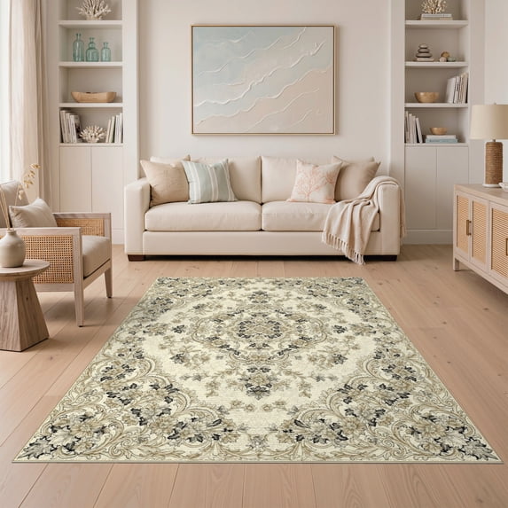 ODIKA Beige Transitional Dining Interlocking Neutral Cream Textured for Room, Under Table, Home Office, Non-Slip Chair-Friendly