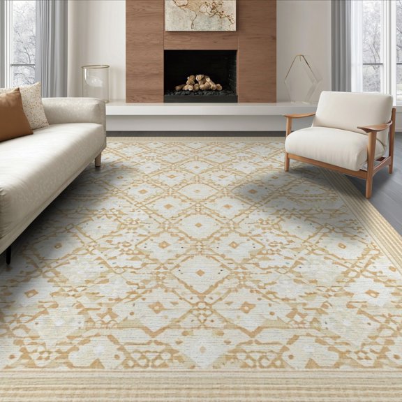 ODIKA Beige Trellis Loves Neutral Boho Border Rectangular Ivory Shaped Foldable Easy Care for Queen Size Bedroom, Under Bed, Master