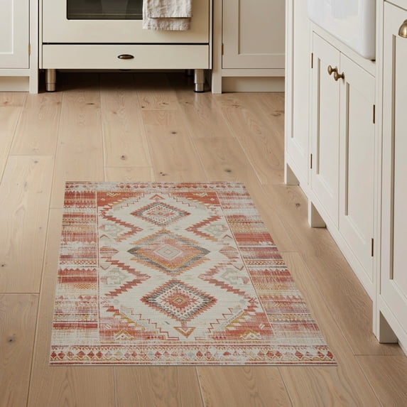 ODIKA Beige Vintage Borders Distressed Southwestern Geometric Neutral for Entryway, Kitchen, Mudroom, Stain Resistant Flatwoven