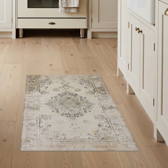 ODIKA Beige Vintage Distressed Botanical Scrolls Pile Boho Neutral for Bedroom, Bedside, Nursery, Pet Friendly & Kids Safe