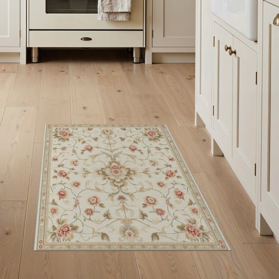 ODIKA Beige Vintage Farmhouse Botanical Scroll Border Pile Playroom Pet Friendly & Kids Safe for Bedroom, Bedside, Nursery