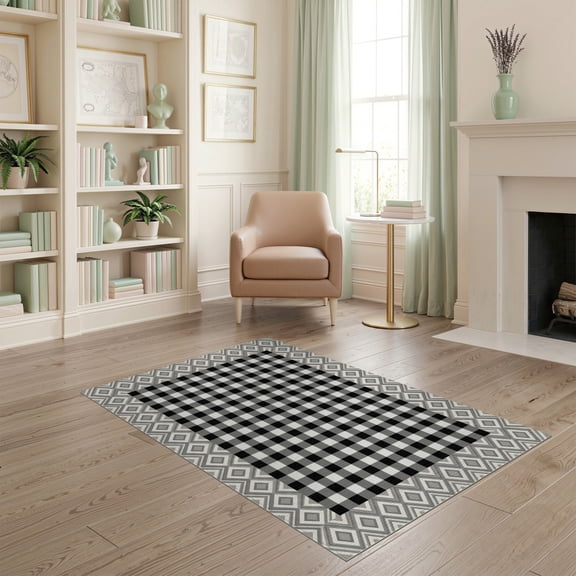 ODIKA Boho Border Doormat Layering Layered Front Plaid Under Checkered Playful Non-Slip Chair-Friendly for Home Office, Gaming Room, Desk