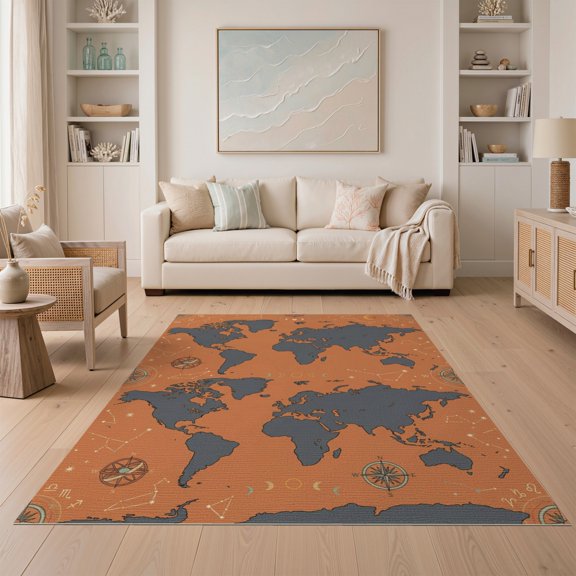 ODIKA Boho Design With Astronomy Planet Continents And Star Accents Earth World Map Non-Slip Chair-Friendly for Dining Room, Under Table, Home Office